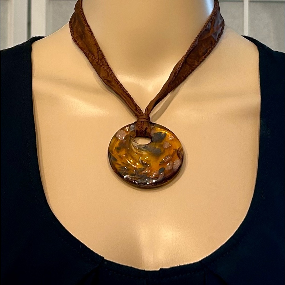 Italian Murano Glass Style Pendant on Silk Cord; adjustable necklace; gold/brown